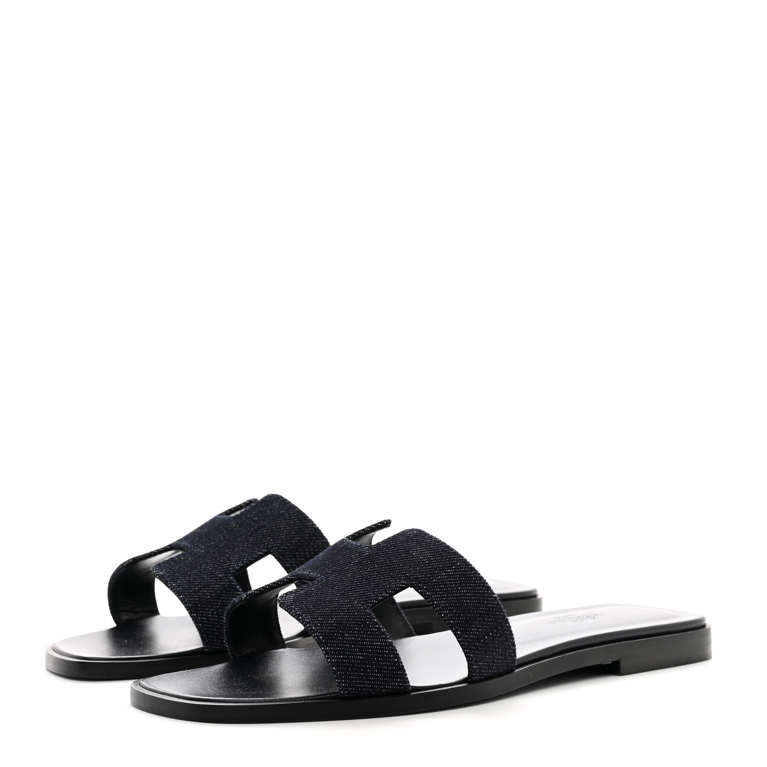 HERMES Denim Canvas Oran Sandals in the color Bleu Brut by FASHIONPHILE