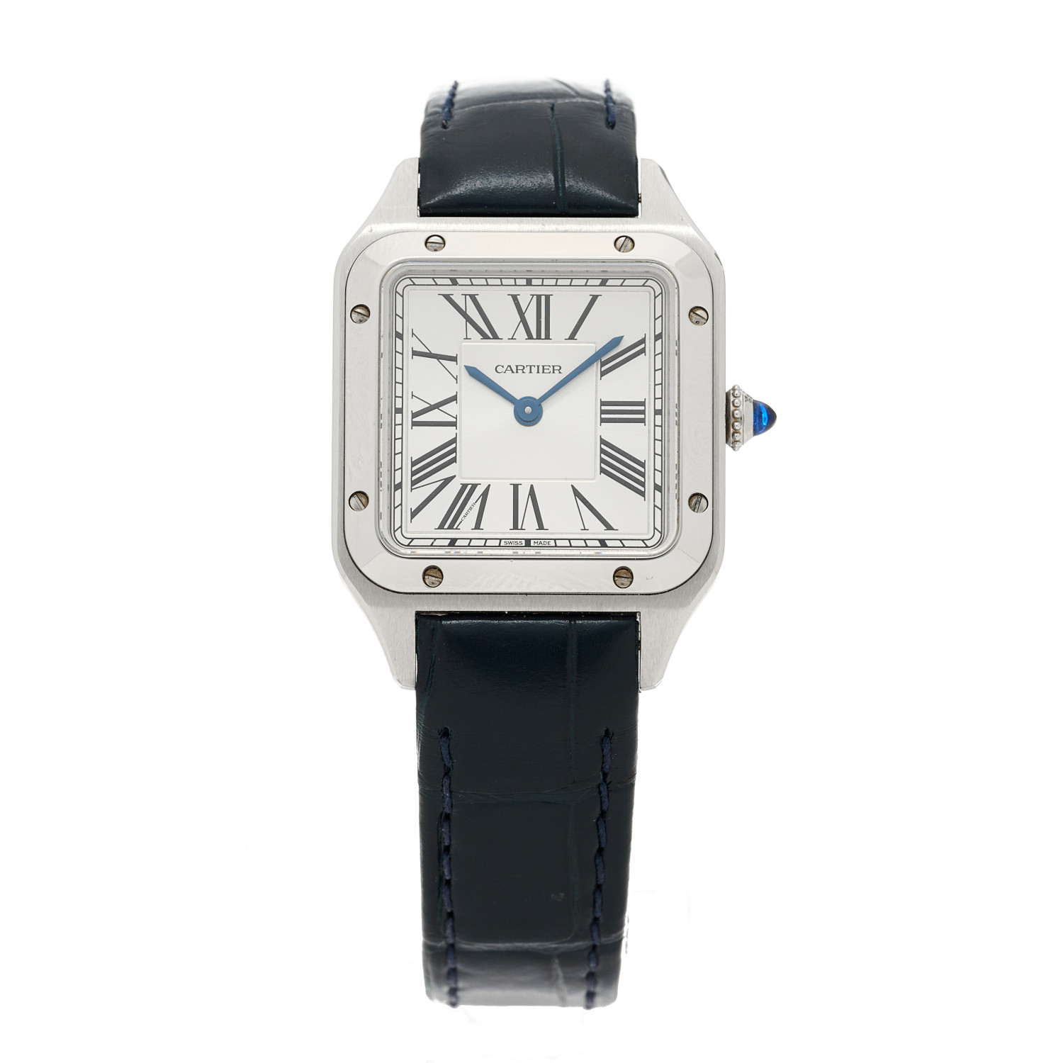 CARTIER Stainless Steel Alligator 27.5mm Santos Dumont Quartz Watch in the color Blue by FASHIONPHILE