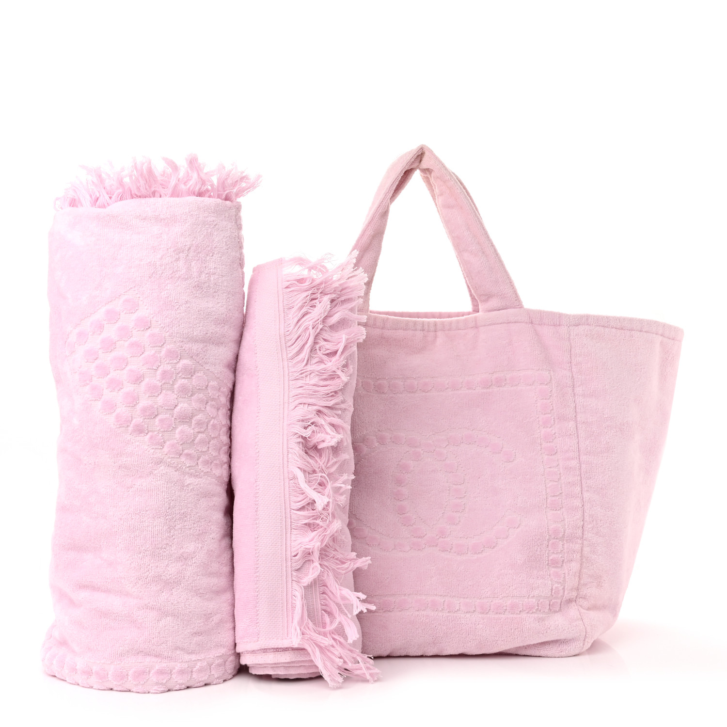 CHANEL Terry Cotton CC Beach Tote Towel Set in the color Pink by FASHIONPHILE