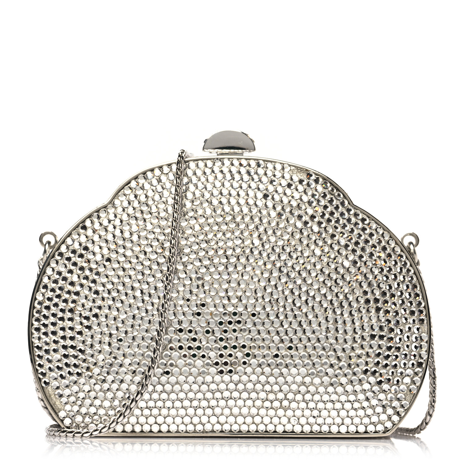 JUDITH LEIBER Swarovski Crystal Minaudiere Clutch in the color Silver by FASHIONPHILE