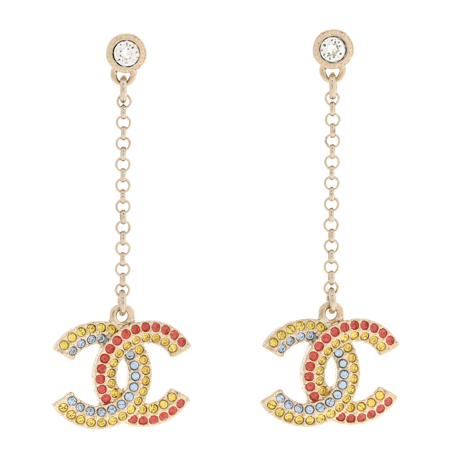 CHANEL Crystal CC Drop Earrings in the color Gold Multicolor by FASHIONPHILE