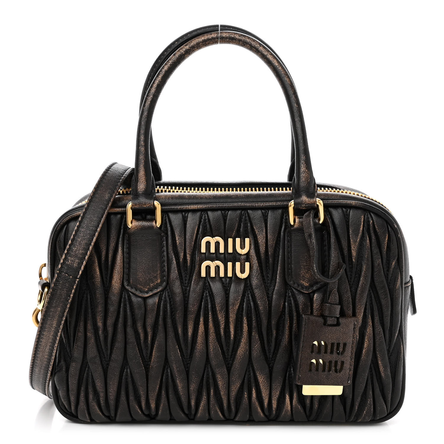 MIU MIU Nappa Matelasse Arcadie Top Handle Bag in the colors Sand Coffee by FASHIONPHILE