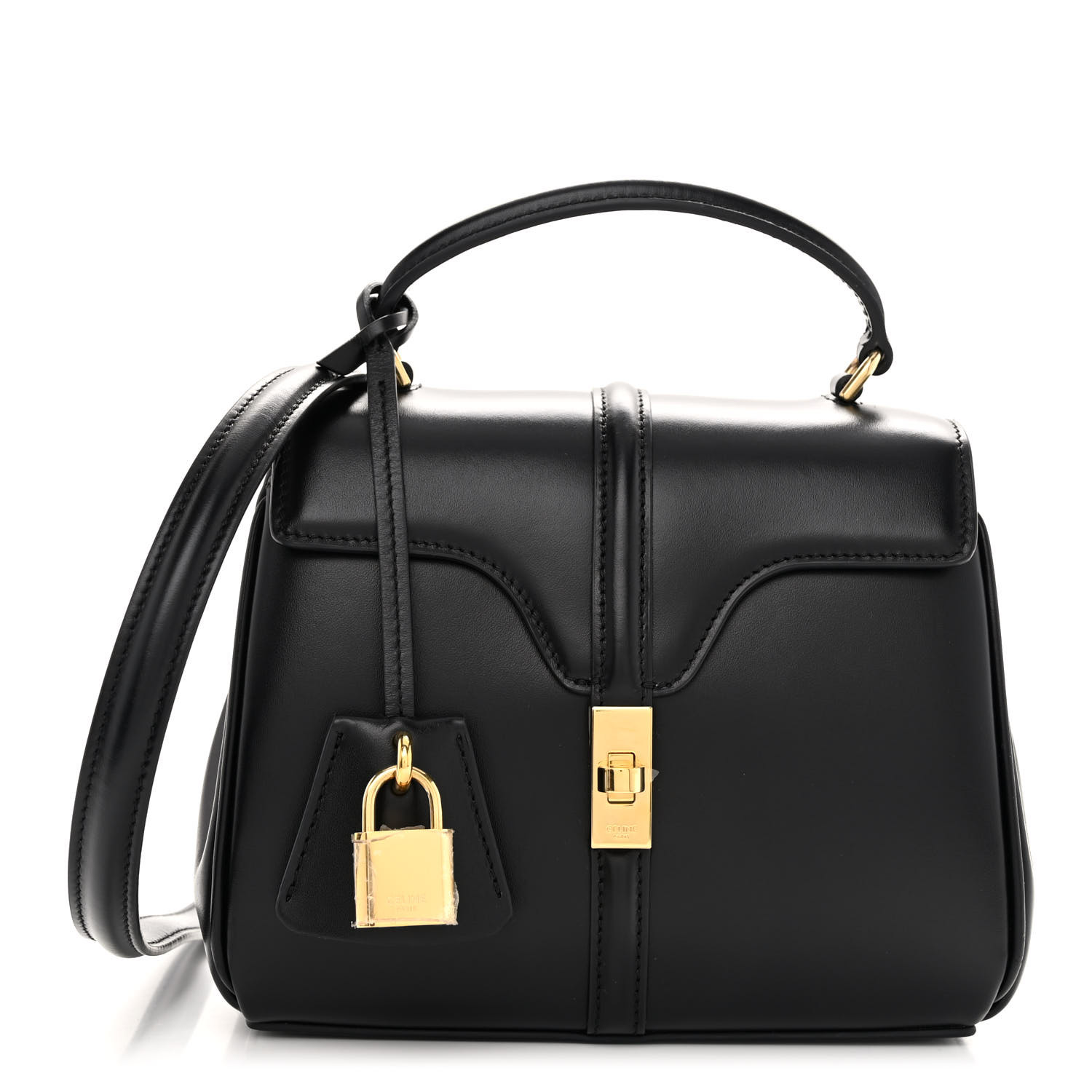 CELINE Satinated Calfskin Mini 16 Top Handle Bag in the color Black by FASHIONPHILE