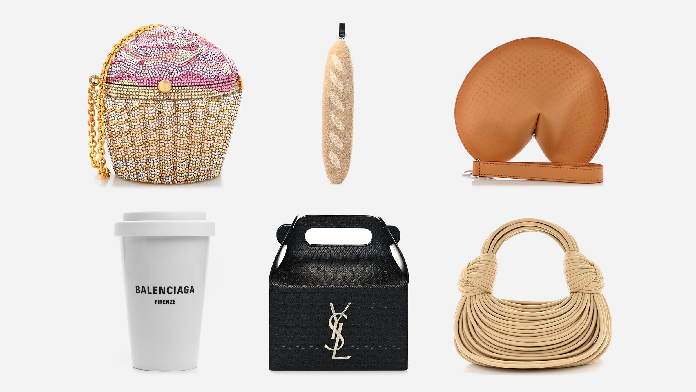 collage of food-inspired luxury handbags available to shop at FASHIONPHILE