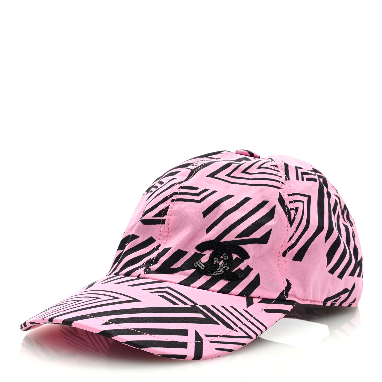 CHANEL Cotton Sequin CC Cap Hat in the colors Black and Pink by FASHIONPHILE