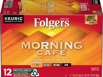 72 Count Folgers Morning Cafe Mild Roast Coffee K-Cup Pods as low as $25.40 Shipped Free (Reg. $36.28) | $4.20/box or 35¢/pod