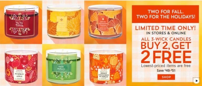 B2G2 Bath & Body Works 3-Wick Candles + Free Shipping Code