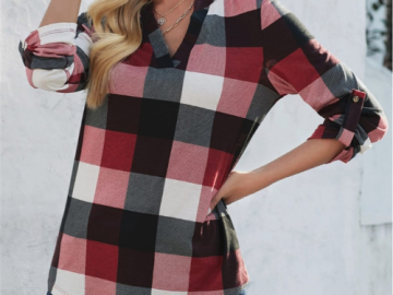 Women’s V Neck Plaid Sleeve Tab Top $23.99 Shipped (Reg. $45)