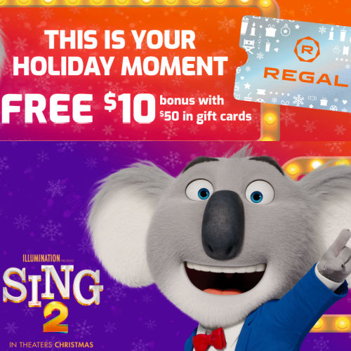 FREE $10 Concessions Bonus Card with Every $50 Purchase in Regal Gift Cards