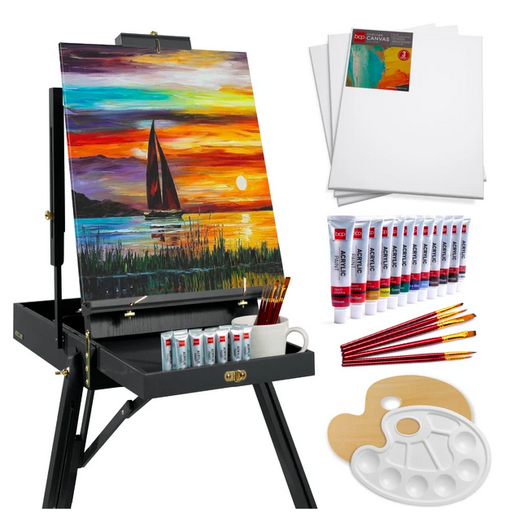 Portable Wooden French Easel w/ 33pc Beginners Kit