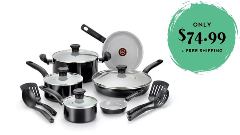 Macy’s | 14-Piece Ceramic Cookware $74.99