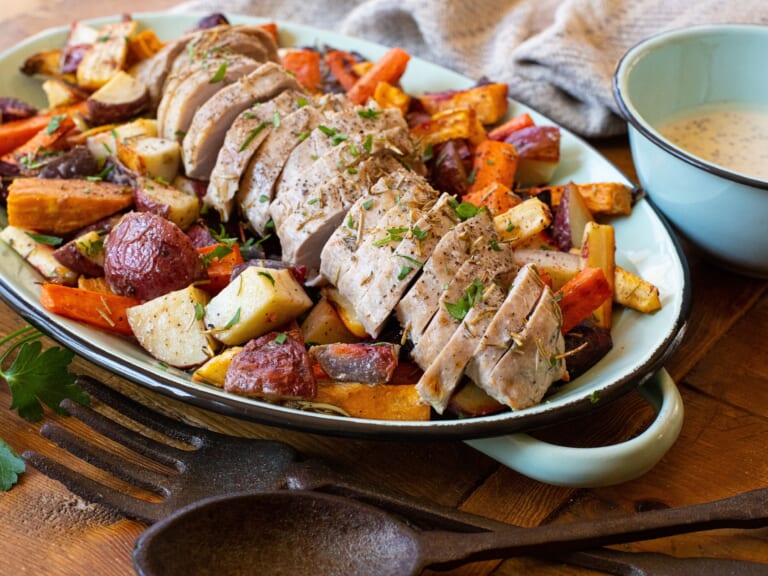 Sheet Pan Rosemary Pork Tenderloin With Roasted Veggies & Dijon Aioli