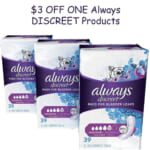 Save $3 OFF ONE Always DISCREET Products (Liners, Pads, Underwear, Boutique) as low as $25.89 Shipped Free (Reg. $48.93) | just 22¢ each!