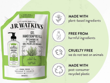 6-Pack J.R. Watkins Gel Hand Soap Refill Pouch, Aloe & Green Tea, 34 fl oz $11.51 (Reg. $35.94) – FAB Ratings! | $1.92 each! – USA Made and Cruelty Free!