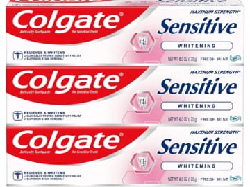 3-Pack Colgate Whitening Toothpaste for Sensitive Teeth, Fresh Mint Gel as low as $7.96 Shipped Free (Reg.$17.99) – $2.65 per 6 oz tube,  Helps Repair Enamel