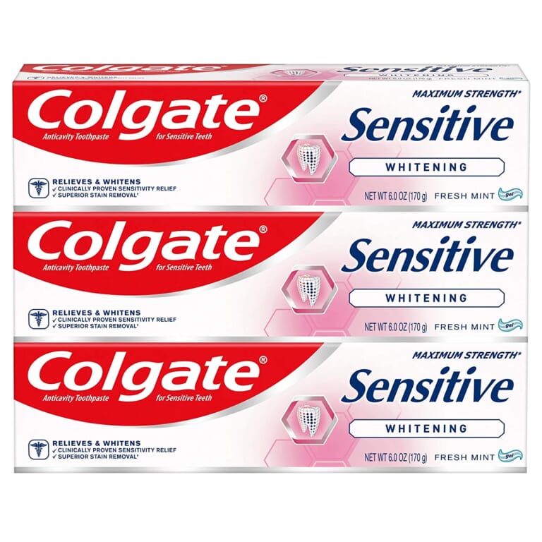 3-Pack Colgate Whitening Toothpaste for Sensitive Teeth, Fresh Mint Gel as low as $7.96 Shipped Free (Reg.$17.99) – $2.65 per 6 oz tube,  Helps Repair Enamel