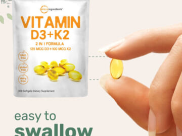 300 Count Vitamin D3 5000IU Plus K2, 2 in 1 Formula Softgels as low as $17.95 (Reg. $20) – $0.06/ Softgel, 14K+ FAB Ratings! – Supports Heart, Teeth & Joint Health