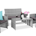 4-Piece Outdoor Wicker Conversation Patio Set w/ 4 Seats, Glass Table Top