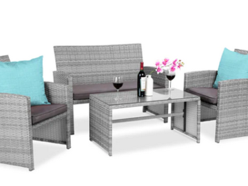 4-Piece Outdoor Wicker Conversation Patio Set w/ 4 Seats, Glass Table Top