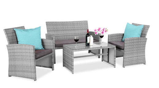 4-Piece Outdoor Wicker Conversation Patio Set w/ 4 Seats, Glass Table Top