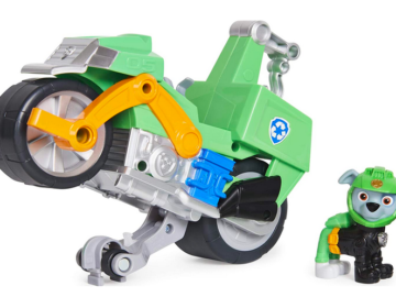 Paw Patrol, Moto Pups Rocky’s Deluxe Pull Back Motorcycle Vehicle with Wheelie Feature and Toy Figure