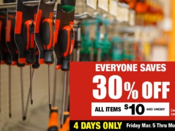 Harbor Freight 30% off All Items $10 or Less!