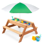 3-in-1 Kids Sand & Water Table Outdoor Wood Picnic Table w/ Umbrella