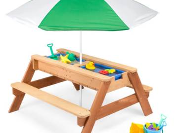 3-in-1 Kids Sand & Water Table Outdoor Wood Picnic Table w/ Umbrella