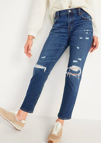 Mid-Rise Ripped Boyfriend Straight Jeans