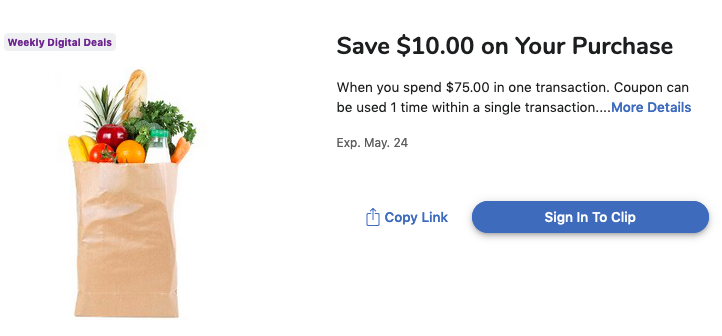 Kroger: $10 off a $75 purchase coupon