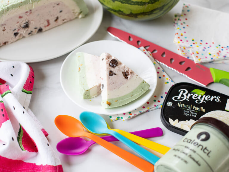 Take Advantage Of The Breyers BOGO Sale & Serve Up My Watermelon Ice Cream Bombe