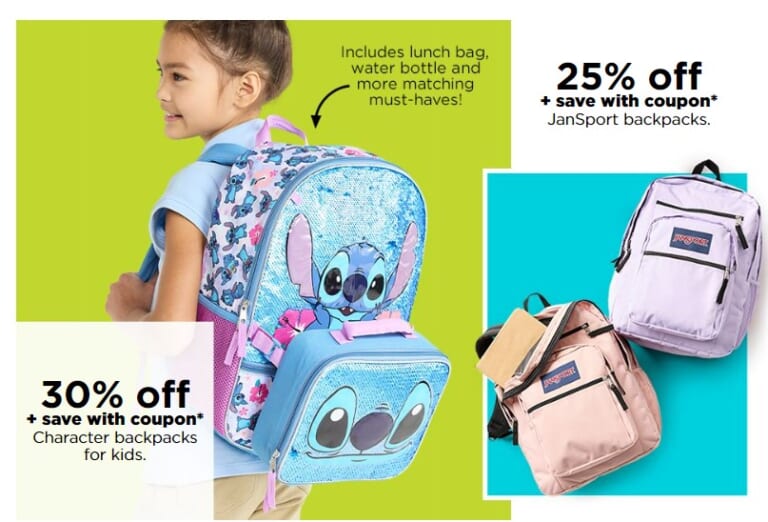 $21 Character Backpacks, $30+ JanSport Backpacks