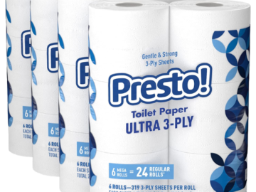 24 Mega Rolls Presto! 3-Ply 319-Sheet Toilet Papers as low as $15.18 Shipped Free (Reg.$21) – $0.62 per Roll! 24 Mega Rolls = 96 Regular Rolls