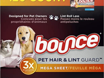 FOUR 120 Count Bounce Pet Hair & Lint Guard Mega Dryer Sheets as low as $5.96 EACH Box (Reg. $13) + Free Shipping! 50K+ FAB Ratings! $0.05/Sheet! + Buy 4, Save 5%