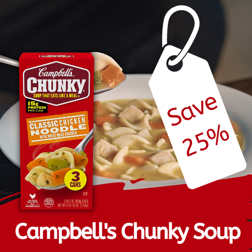 Save 25% on FOUR 3-Count Campbell’s Chunky Soup as low as $1.72/Can After Coupon (Reg. $10.31) + Free Shipping With Buy 4, Save 5%