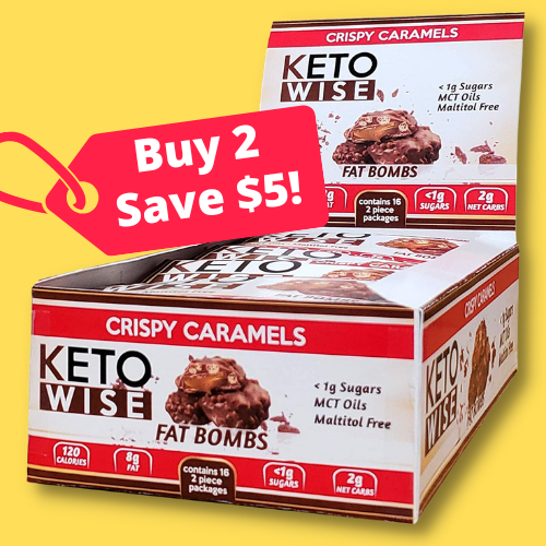 TWO 16-Count Keto Wise Fat Bombs, Crispy Caramels $17.98/Box (Reg. $27.98) – $1.12 each bar! Buy 2, save $5 Promo