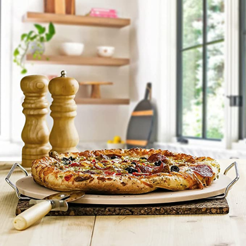 Ceramic Flat 13 Inch Pizza Stone Set $10.99 (Reg. $19.99) – FAB Ratings! – With Crust Cutter Wheel & Metal Rack/Handle