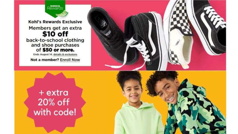 Kohl’s | $10 Off $50 Kid’s Clothing & Shoes + Extra 20% Off!