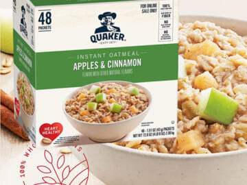 48-Count Quaker Instant Oatmeal, Apples and Cinnamon as low as $12.67 After Coupon (Reg. $19.49) – $0.26/1.51 oz Individual Packets + Free Shipping