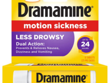 FOUR 8-Count Dramamine Less Drowsy in a Handy Travel Vial as low as $2.38 EACH Vial After Coupon (Reg. $6) + Free Shipping! 29¢/Tablet! Long-lasting Formula!