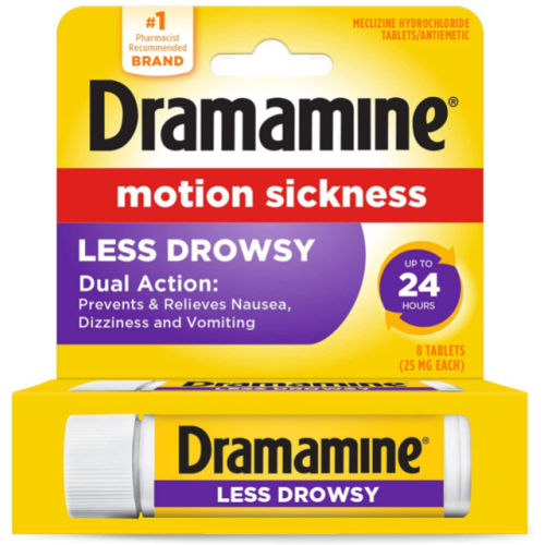 FOUR 8-Count Dramamine Less Drowsy in a Handy Travel Vial as low as $2.38 EACH Vial After Coupon (Reg. $6) + Free Shipping! 29¢/Tablet! Long-lasting Formula!