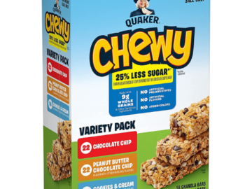 58-Count Quaker Chewy Lower Sugar Granola Bars, 3 Flavor Variety Pack as low as $14.36 After Coupon (Reg. $26) + Free Shipping – 25¢/bar!