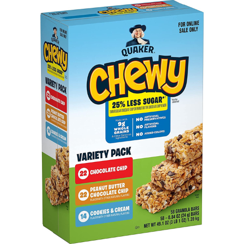 58-Count Quaker Chewy Lower Sugar Granola Bars, 3 Flavor Variety Pack as low as $14.36 After Coupon (Reg. $26) + Free Shipping – 25¢/bar!