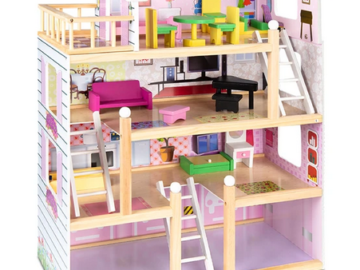 4-Level Kids Wooden Dollhouse w/ 13 Furniture Accessories