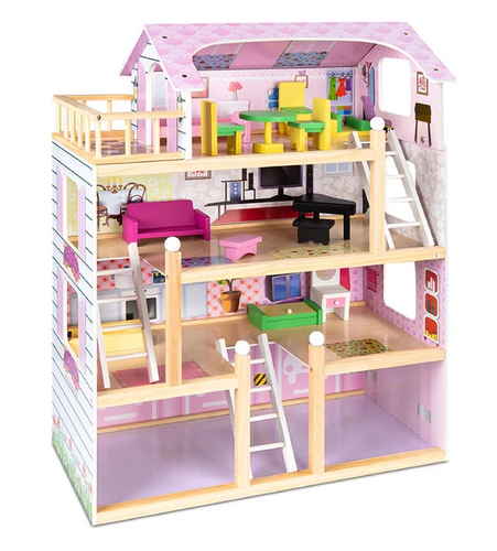 4-Level Kids Wooden Dollhouse w/ 13 Furniture Accessories