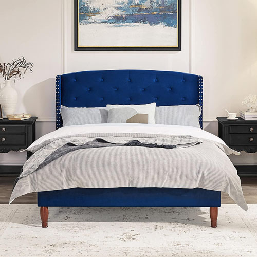 Yaheetech Full Size Upholstered Bed Frame, Navy Blue $101.99 Shipped Free (Reg. $159.99) – Platform Bed Frame with Wing Design Headboard