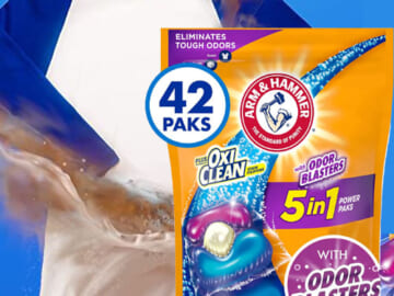 42-Count ARM & HAMMER Plus OxiClean Power Paks as low as $5.04 After Coupon (Reg. $9.48) – $0.12/pak! + Free Shipping! – with Odor Blasters 5-in-1 Liquid Laundry Detergent