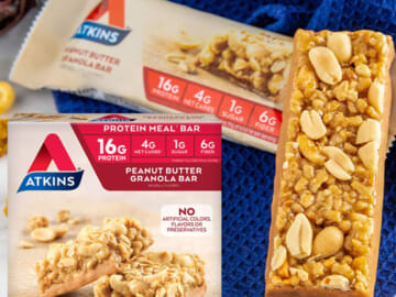 FOUR 5-Count Atkins Peanut Butter Granola Protein Meal Bar as low as $4.27 EACH Box After Coupon (Reg. $10) – $0.85/1.69-Oz Bar + Free Shipping + Buy 4, save 5%