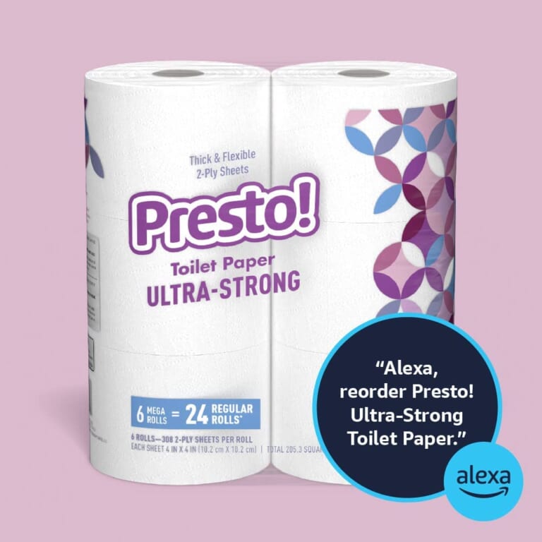 24-Count Presto! 308-Sheet Mega Roll Toilet Paper as low as $19.70 After Coupon (Reg. $31.48 ) + Free Shipping – $0.82 / Mega Roll, Less than a cent per sheet – 24 mega rolls = 96 regular rolls, Amazon brand!