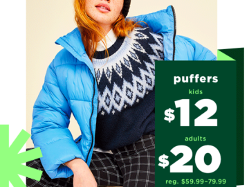 Old Navy: Puffer Jackets for the Family as low as $12 today!